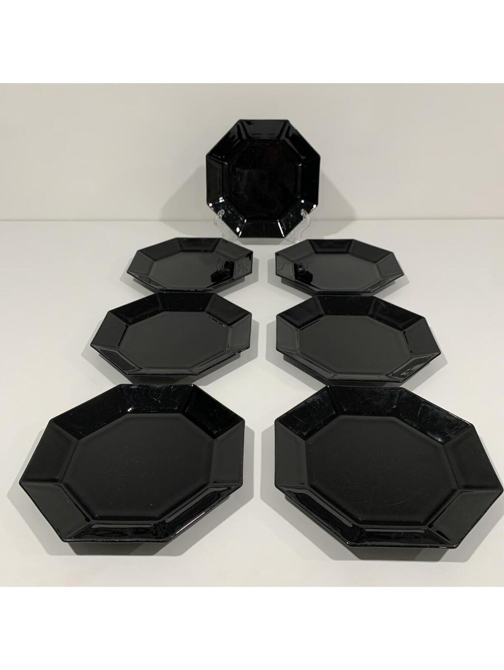Arcoroc Octime Noir Black Octagon Glass Salad Plates Saucers Set 7 France